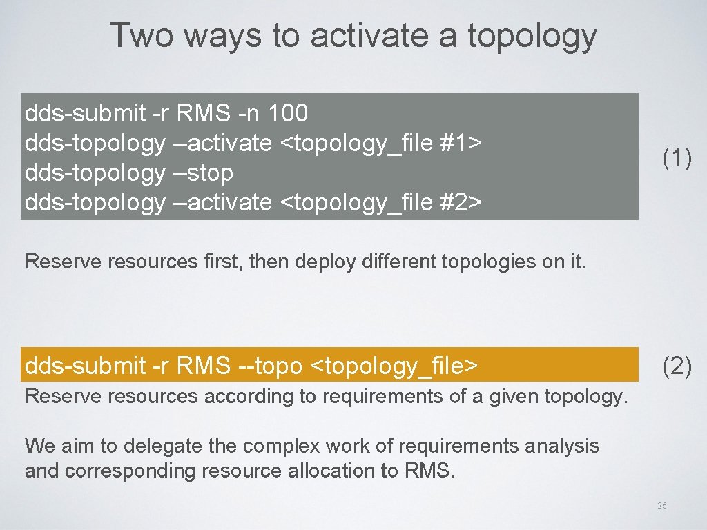 Two ways to activate a topology dds-submit -r RMS -n 100 dds-topology –activate <topology_file