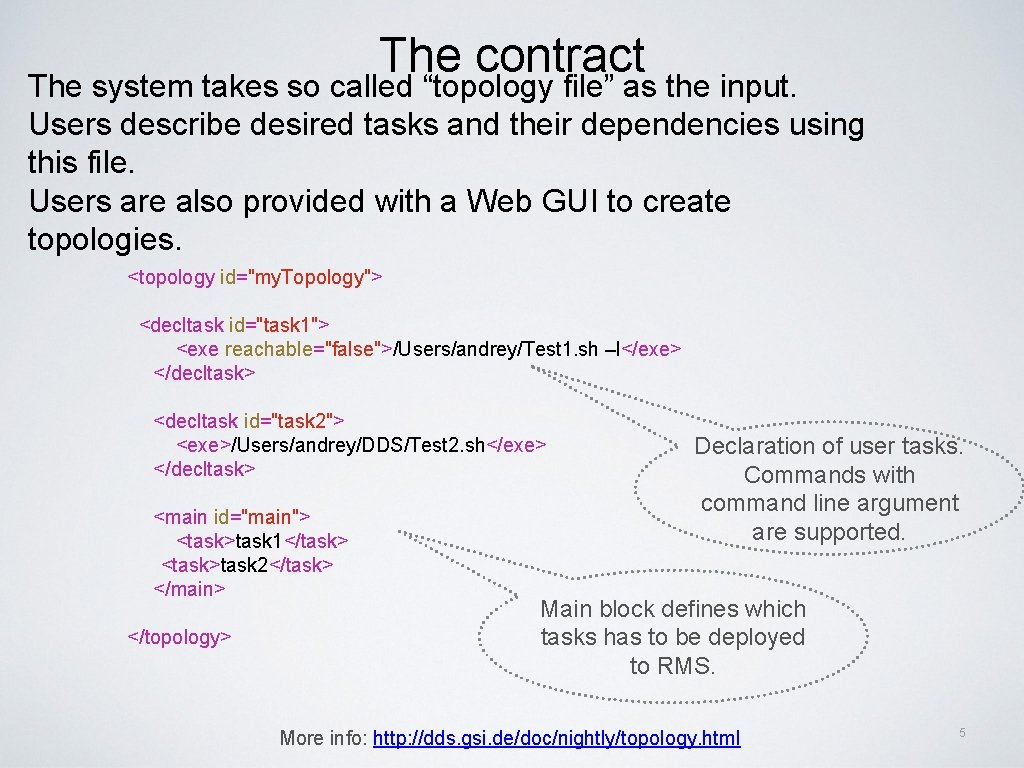 The contract The system takes so called “topology file” as the input. Users describe