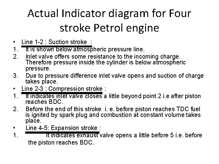 Actual Indicator diagram for Four stroke Petrol engine • Line 1 -2 : Suction