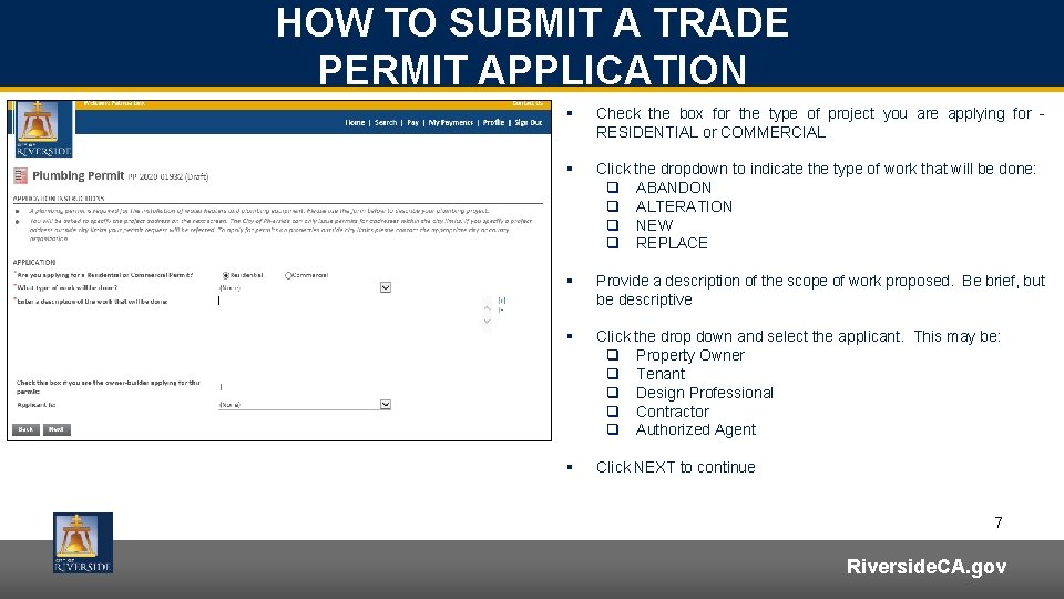 HOW TO SUBMIT A TRADE PERMIT APPLICATION § Check the box for the type