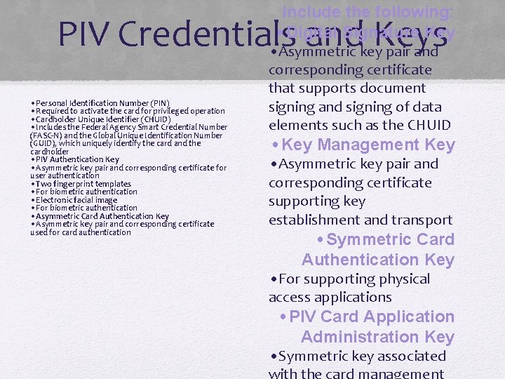 include the following: • Digital Signature Key PIV Credentials and Keys • Asymmetric key