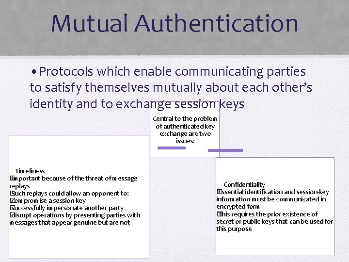 Mutual Authentication • Protocols which enable communicating parties to satisfy themselves mutually about each