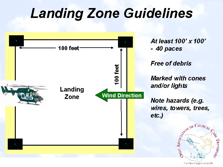 Landing Zone Guidelines At least 100’ x 100’ - 40 paces 100 feet Landing