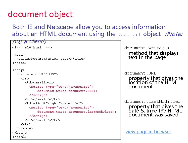 document object Both IE and Netscape allow you to access information about an HTML document object Both IE and Netscape allow you to access information about an HTML
