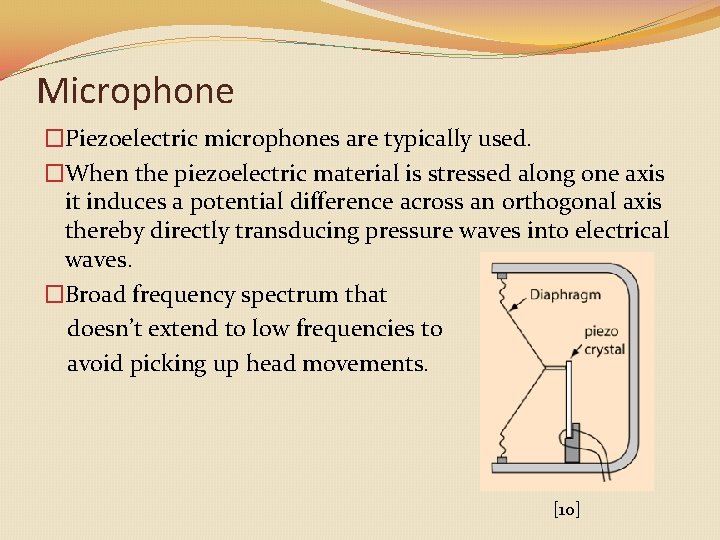 Microphone �Piezoelectric microphones are typically used. �When the piezoelectric material is stressed along one