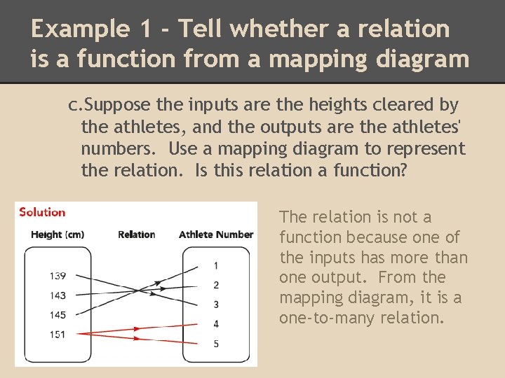 Example 1 - Tell whether a relation is a function from a mapping diagram Example 1 - Tell whether a relation is a function from a mapping diagram