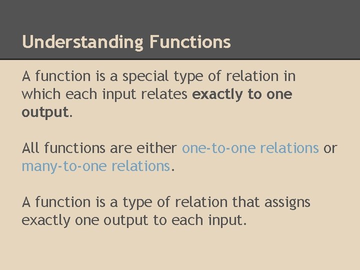 Understanding Functions A function is a special type of relation in which each input Understanding Functions A function is a special type of relation in which each input
