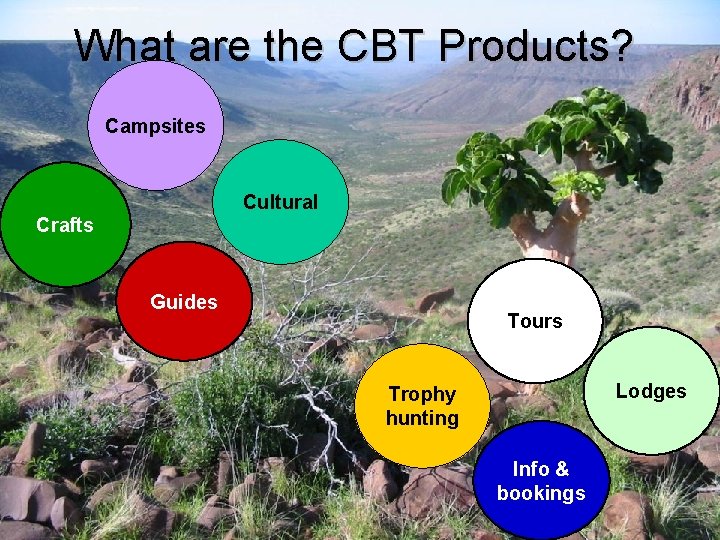 What are the CBT Products? Campsites Cultural Crafts Guides Tours Lodges Trophy hunting Info