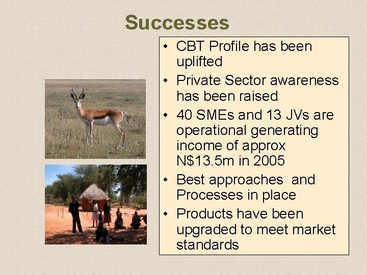 Successes • CBT Profile has been uplifted • Private Sector awareness has been raised
