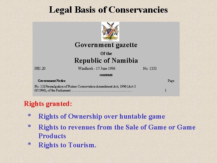 Legal Basis of Conservancies Government gazette Of the Republic of Namibia N$1. 20 Windhoek