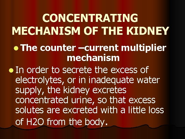 CONCENTRATING MECHANISM OF THE KIDNEY l The counter –current multiplier mechanism l In order