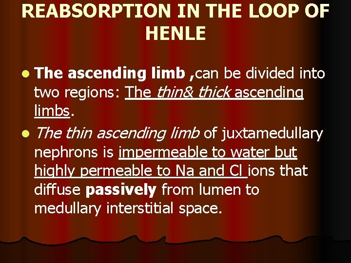 REABSORPTION IN THE LOOP OF HENLE l The ascending limb , can be divided