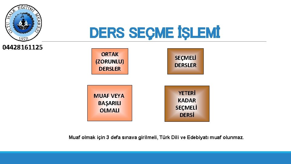 DERS SEÇME İŞLEMİ 04428161125 ORTAK (ZORUNLU) DERSLER SEÇMELİ DERSLER MUAF VEYA BAŞARILI OLMALI YETERİ