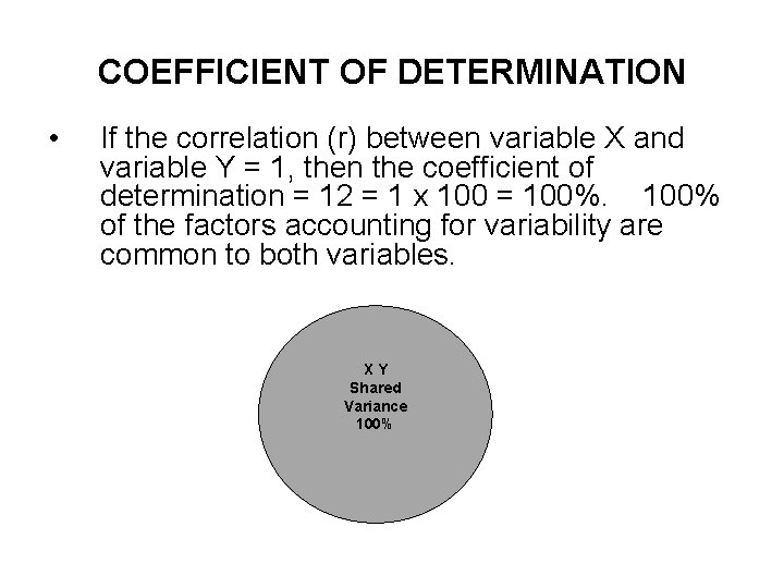 COEFFICIENT OF DETERMINATION • If the correlation (r) between variable X and variable Y