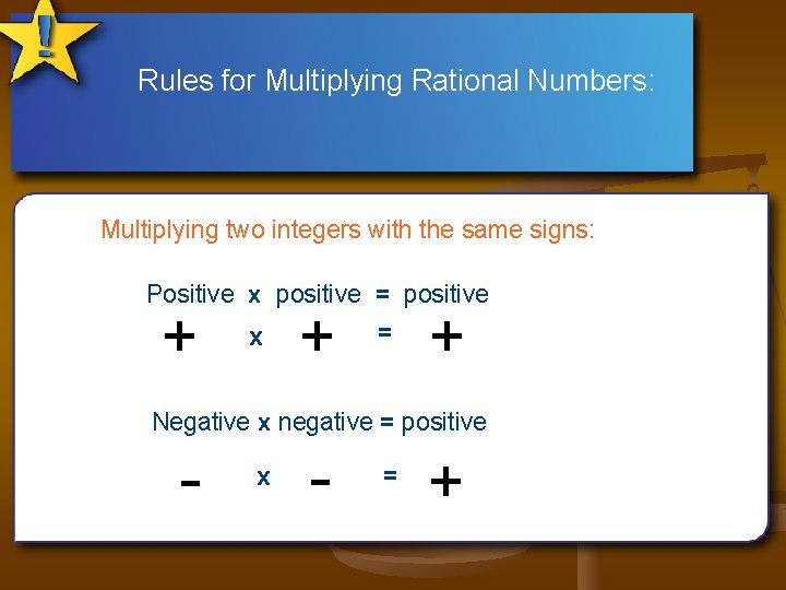 Rules for Multiplying Rational Numbers: Multiplying two integers with the same signs: Positive x Rules for Multiplying Rational Numbers: Multiplying two integers with the same signs: Positive x