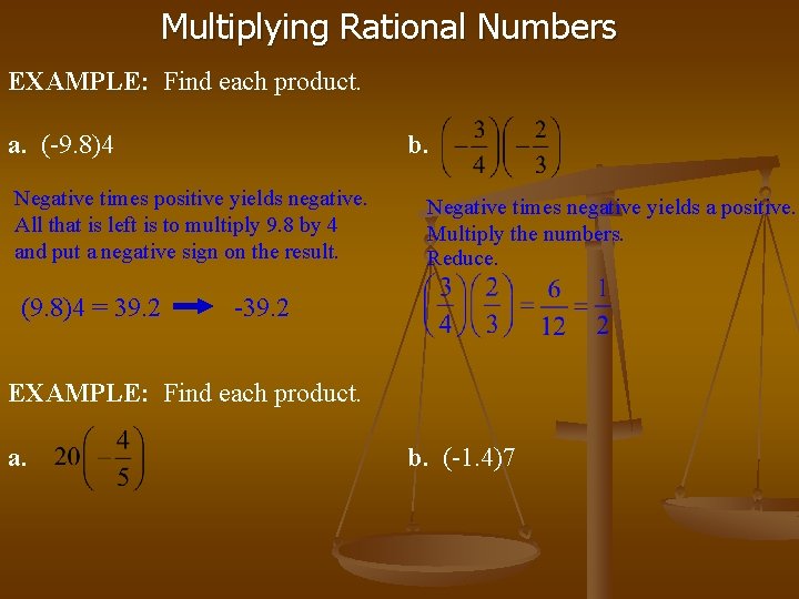 Multiplying Rational Numbers EXAMPLE: Find each product. a. (-9. 8)4 b. Negative times positive Multiplying Rational Numbers EXAMPLE: Find each product. a. (-9. 8)4 b. Negative times positive