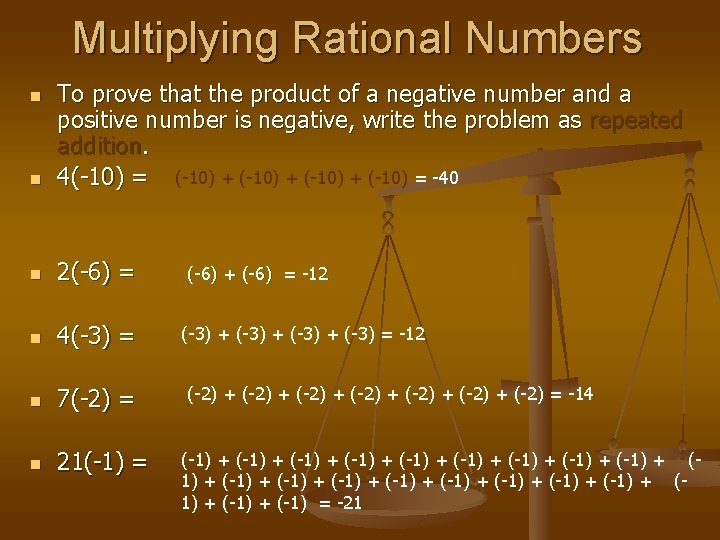Multiplying Rational Numbers n To prove that the product of a negative number and Multiplying Rational Numbers n To prove that the product of a negative number and