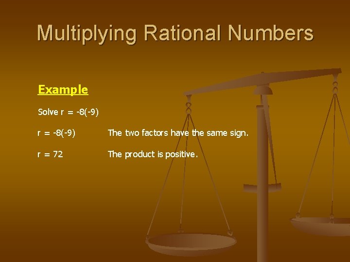 Multiplying Rational Numbers Example Solve r = -8(-9) The two factors have the same