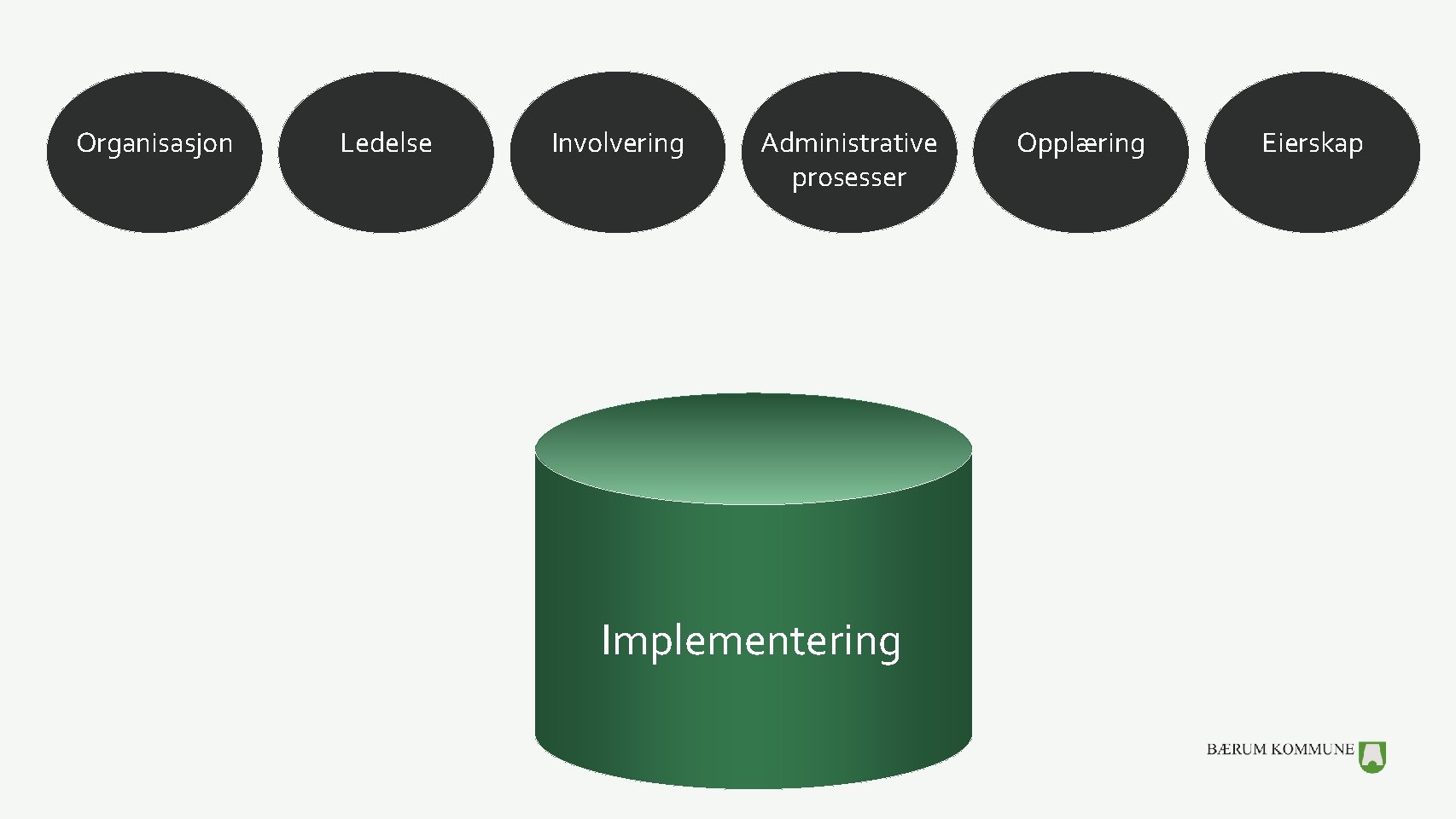 Organisasjon Ledelse Involvering Administrative prosesser Implementering Opplæring Eierskap 