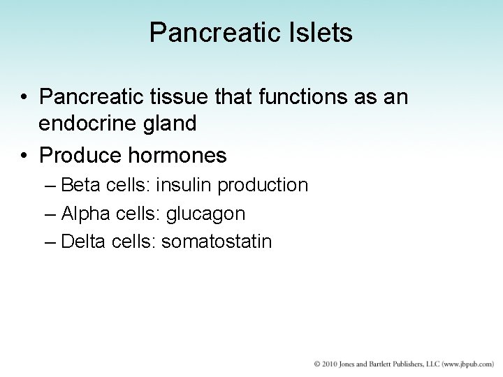 Pancreatic Islets • Pancreatic tissue that functions as an endocrine gland • Produce hormones