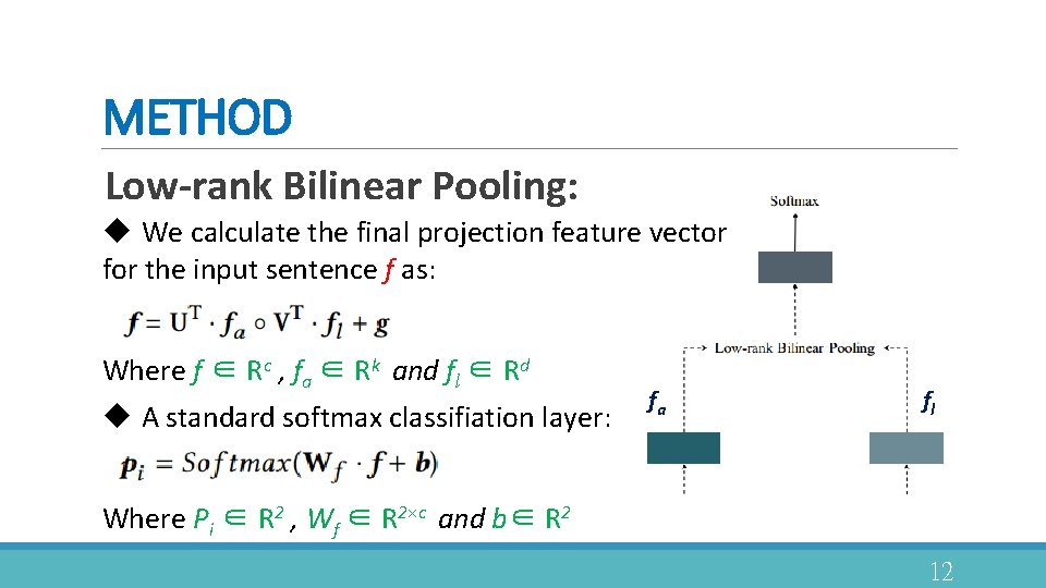 METHOD Low-rank Bilinear Pooling: u We calculate the final projection feature vector for the