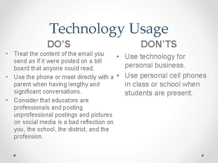 Technology Usage DO’S DON’TS • Treat the content of the email you • Use