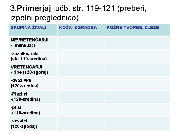 3. Primerjaj : učb. str. 119 -121 (preberi, izpolni preglednico) SKUPINA ŽIVALI NEVRETENČARJI -