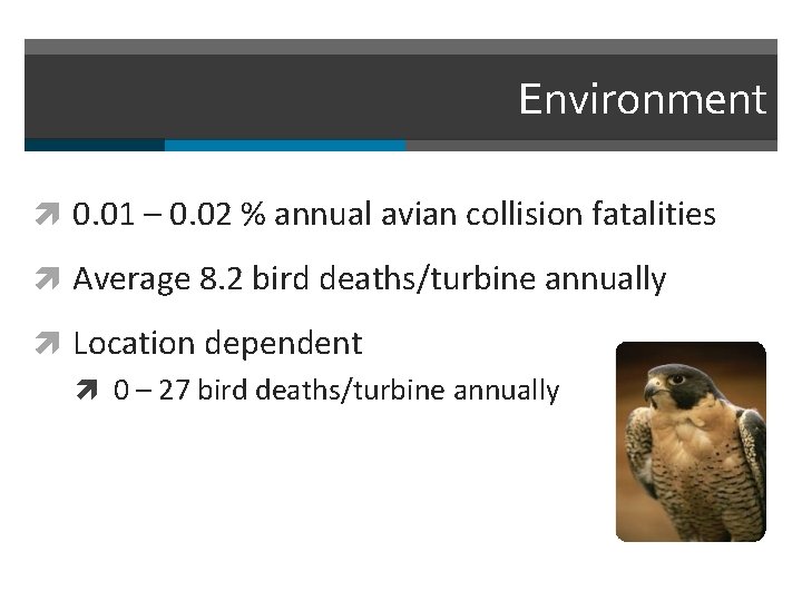 Environment 0. 01 – 0. 02 % annual avian collision fatalities Average 8. 2