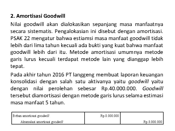 2. Amortisasi Goodwill Nilai goodwill akan dialokasikan sepanjang masa manfaatnya secara sistematis. Pengalokasian ini