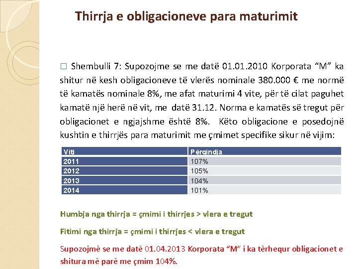 Thirrja e obligacioneve para maturimit Shembulli 7: Supozojme se me datë 01. 2010 Korporata