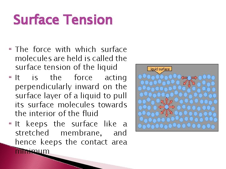 Surface Tension The force with which surface molecules are held is called the surface