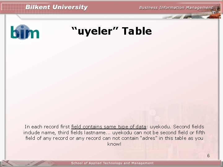 “uyeler” Table In each record first field contains same type of data: uyekodu. Second