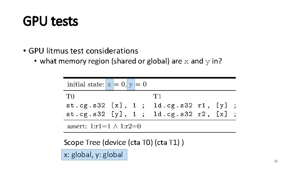 GPU tests • GPU litmus test considerations • what memory region (shared or global)