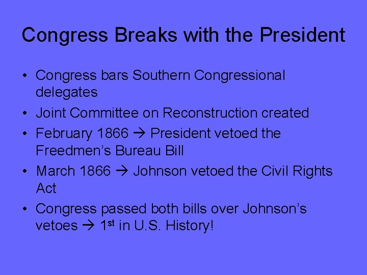 Congress Breaks with the President • Congress bars Southern Congressional delegates • Joint Committee