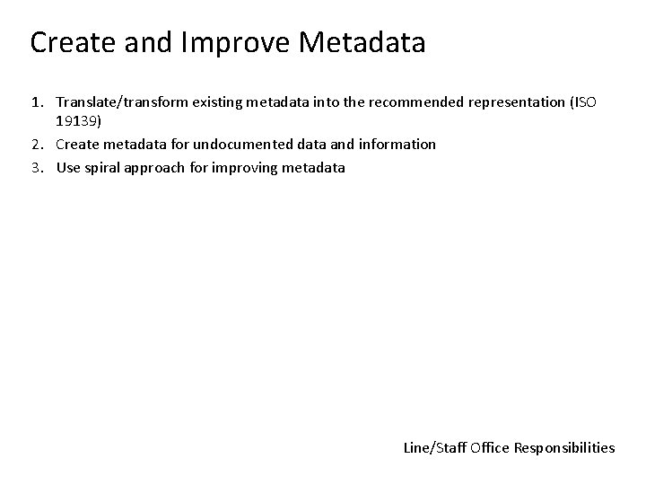 Create and Improve Metadata 1. Translate/transform existing metadata into the recommended representation (ISO 19139)
