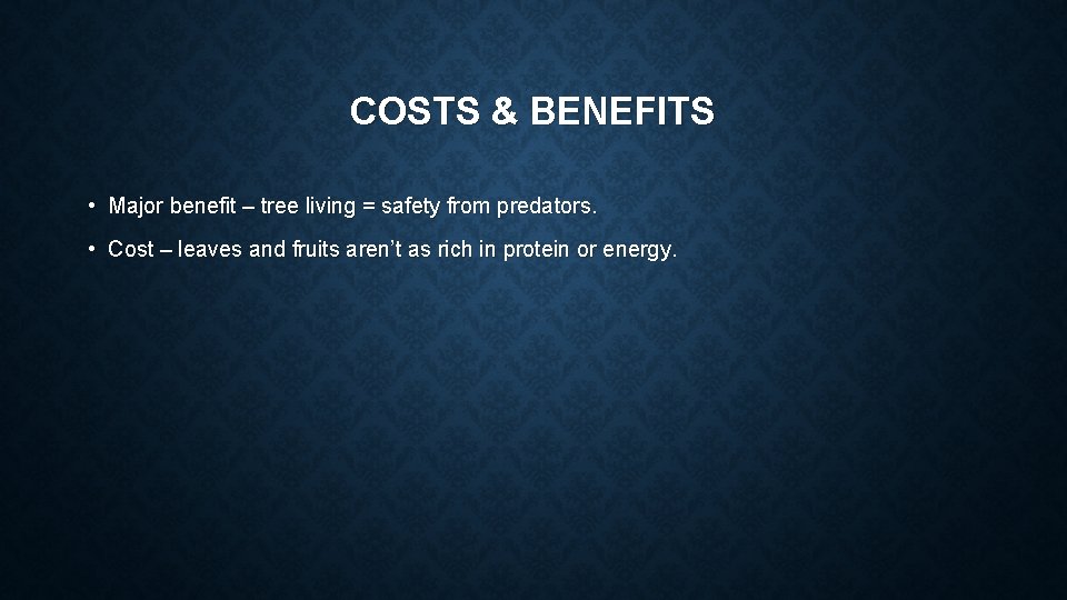 COSTS & BENEFITS • Major benefit – tree living = safety from predators. •