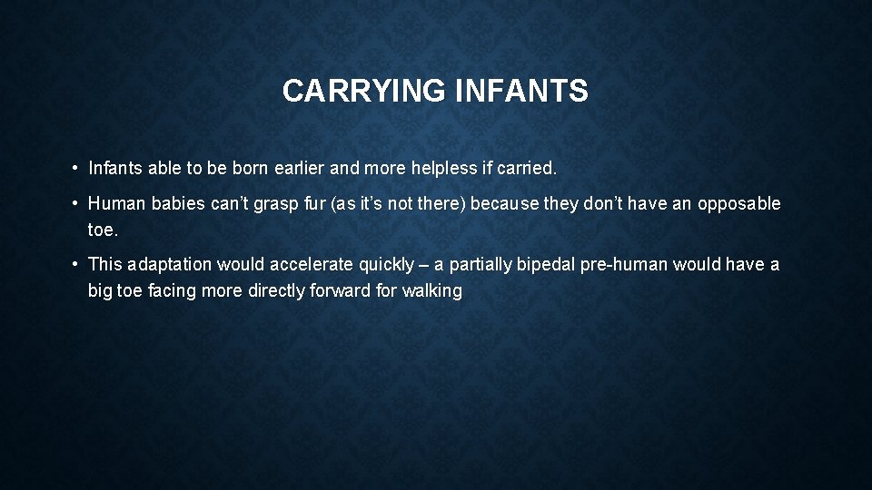 CARRYING INFANTS • Infants able to be born earlier and more helpless if carried.