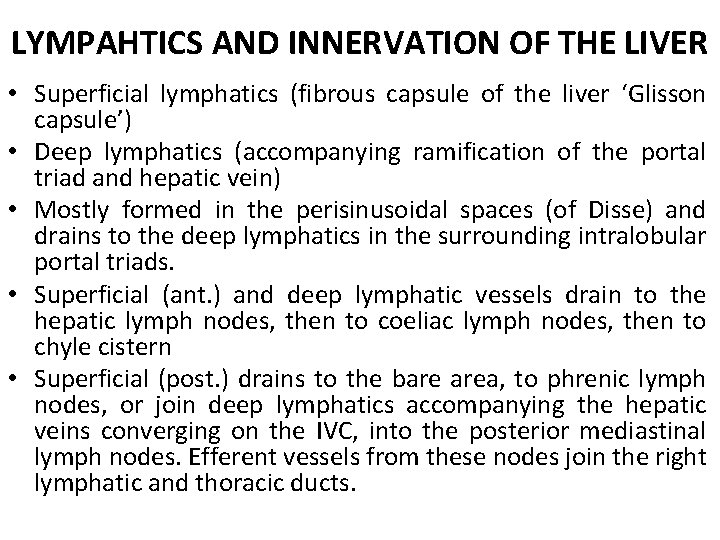 LYMPAHTICS AND INNERVATION OF THE LIVER • Superficial lymphatics (fibrous capsule of the liver