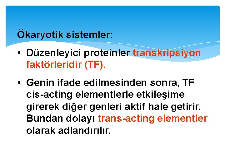 Ökaryotik sistemler: • Düzenleyici proteinler transkripsiyon faktörleridir (TF). • Genin ifade edilmesinden sonra, TF