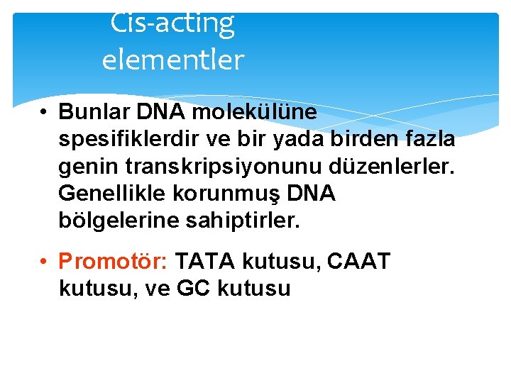 Cis-acting elementler • Bunlar DNA molekülüne spesifiklerdir ve bir yada birden fazla genin transkripsiyonunu