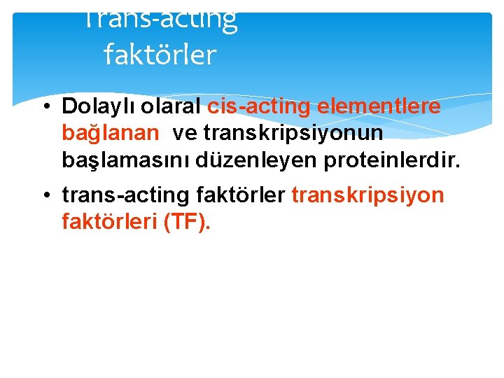 Trans-acting faktörler • Dolaylı olaral cis-acting elementlere bağlanan ve transkripsiyonun başlamasını düzenleyen proteinlerdir. •