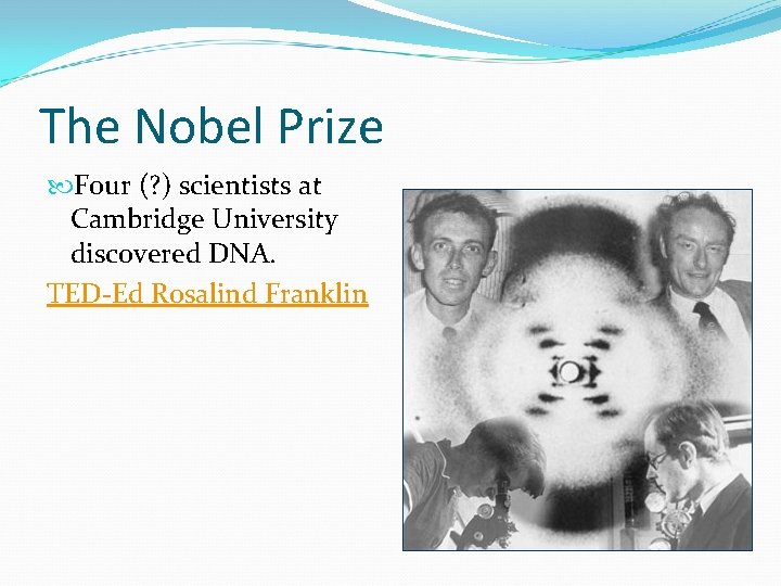 The Nobel Prize Four (? ) scientists at Cambridge University discovered DNA. TED-Ed Rosalind