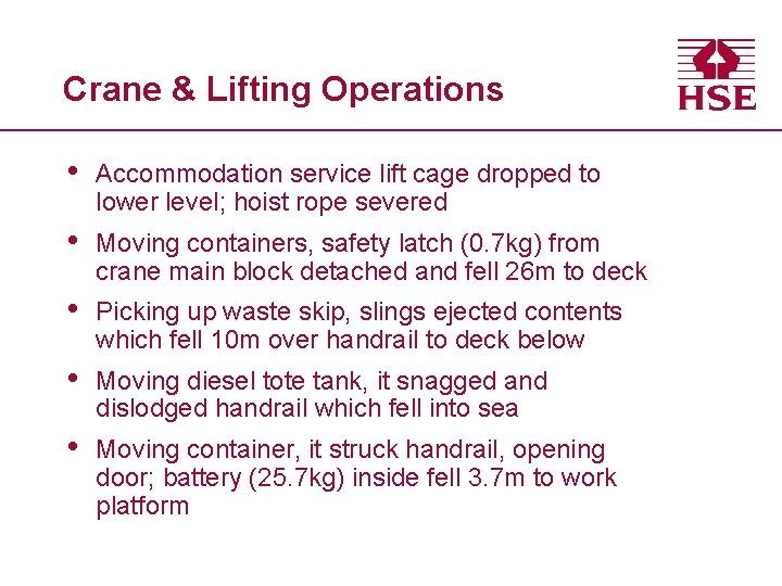 Crane & Lifting Operations • Accommodation service lift cage dropped to lower level; hoist