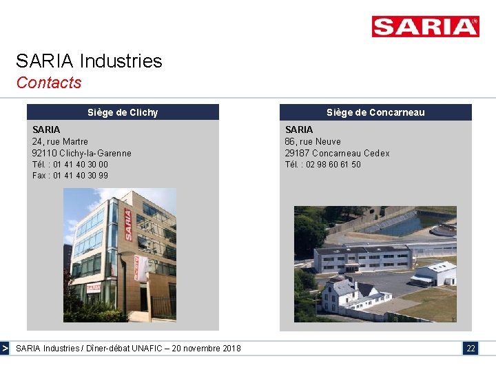 SARIA Industries Contacts Siège de Clichy > Siège de Concarneau SARIA 24, rue Martre