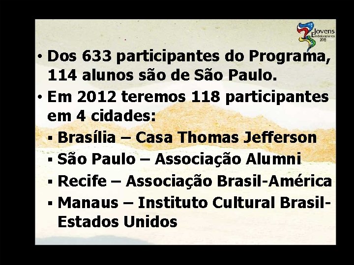  • Dos 633 participantes do Programa, 114 alunos são de São Paulo. •
