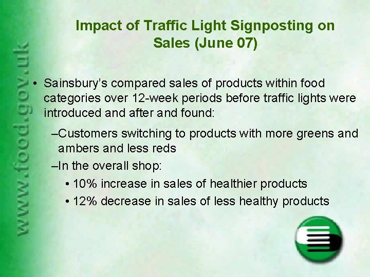 Impact of Traffic Light Signposting on Sales (June 07) • Sainsbury’s compared sales of