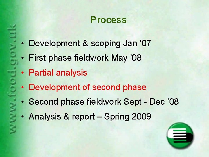 Process • Development & scoping Jan ‘ 07 • First phase fieldwork May ’