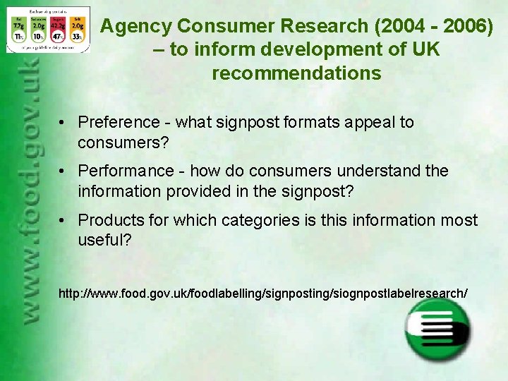 Agency Consumer Research (2004 - 2006) – to inform development of UK recommendations •