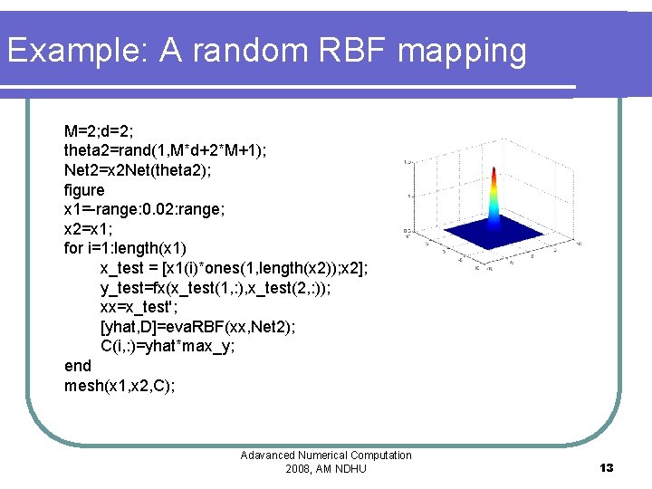 Example: A random RBF mapping M=2; d=2; theta 2=rand(1, M*d+2*M+1); Net 2=x 2 Net(theta