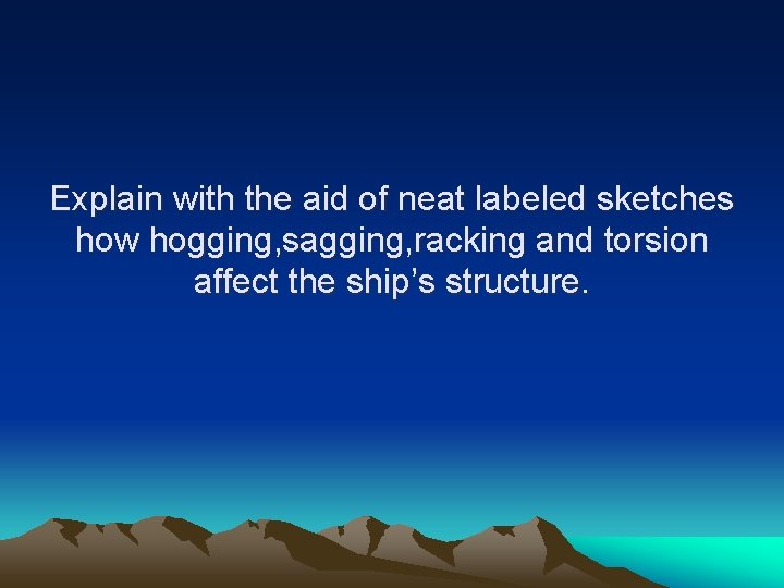 Explain with the aid of neat labeled sketches how hogging, sagging, racking and torsion